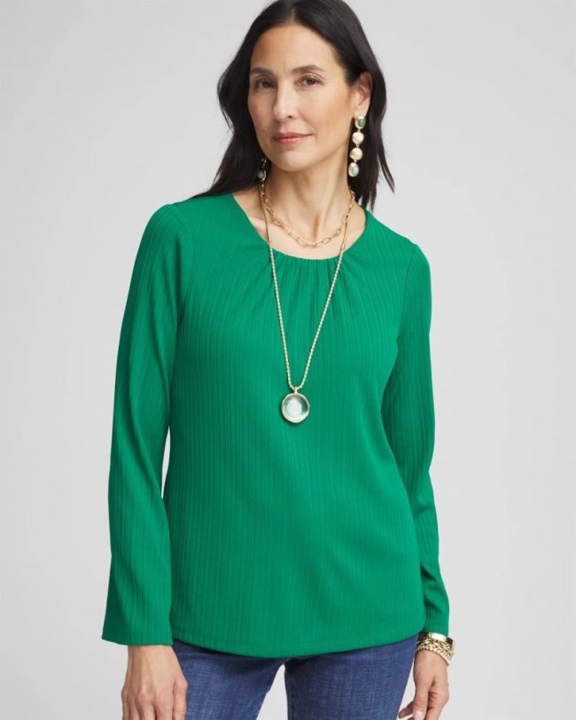Chicos Ribbed Ruched-Neck Top - IVY LEAGUE Chicos Ribbed Ruched-Neck Top - IVY LEAGUE