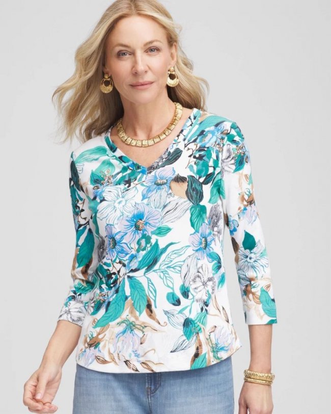 Chicos Floral Pima 3/4 Sleeve Everyday Tee - ALABASTER