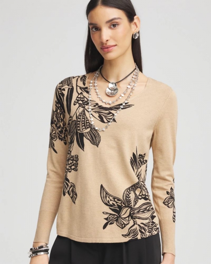 Chicos Floral Long Sleeve V-Neck Pullover Sweater - WILD TRUFFLE