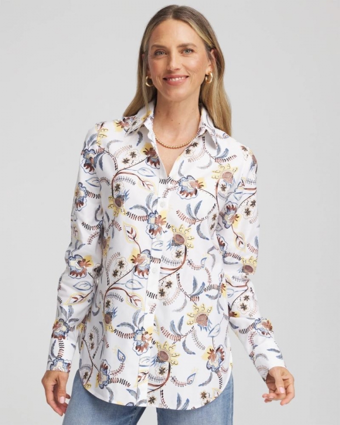 Chicos No Iron Long-Sleeved Floral Shirt - OPTIC WHITE