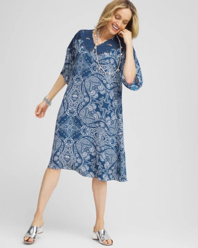 Chicos Crepe Lace-Neck Dress - SEAPORT BLUE