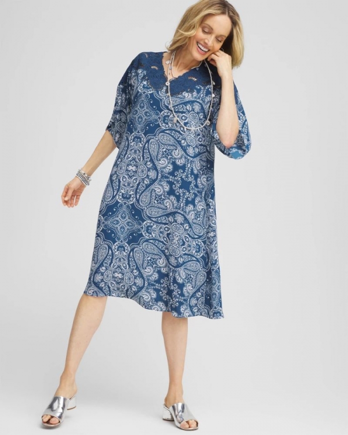 Chicos Crepe Lace-Neck Dress - SEAPORT BLUE