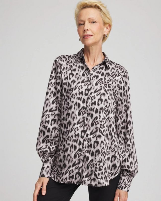 Chicos Faux Silk Snowy Animal Shirt - DOVE GRAY