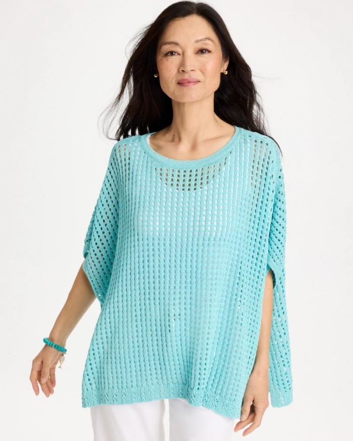 Chicos Open-Stitch Sweater Poncho - BONDI BLUE