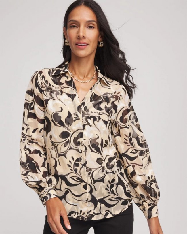 Chicos Floral Burnout Blouson-Sleeve Blouse - BLACK