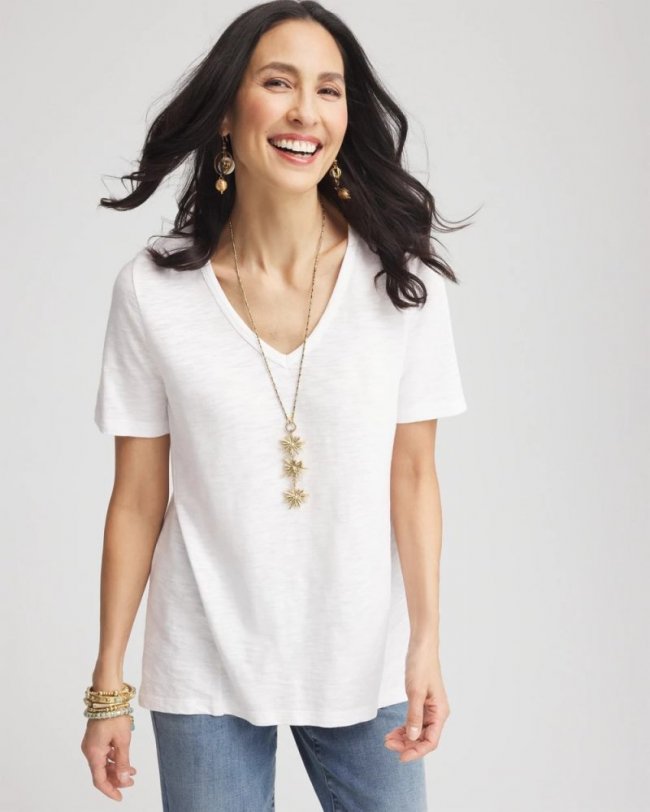 Chicos Cotton Slub V-Neck Tee - ALABASTER