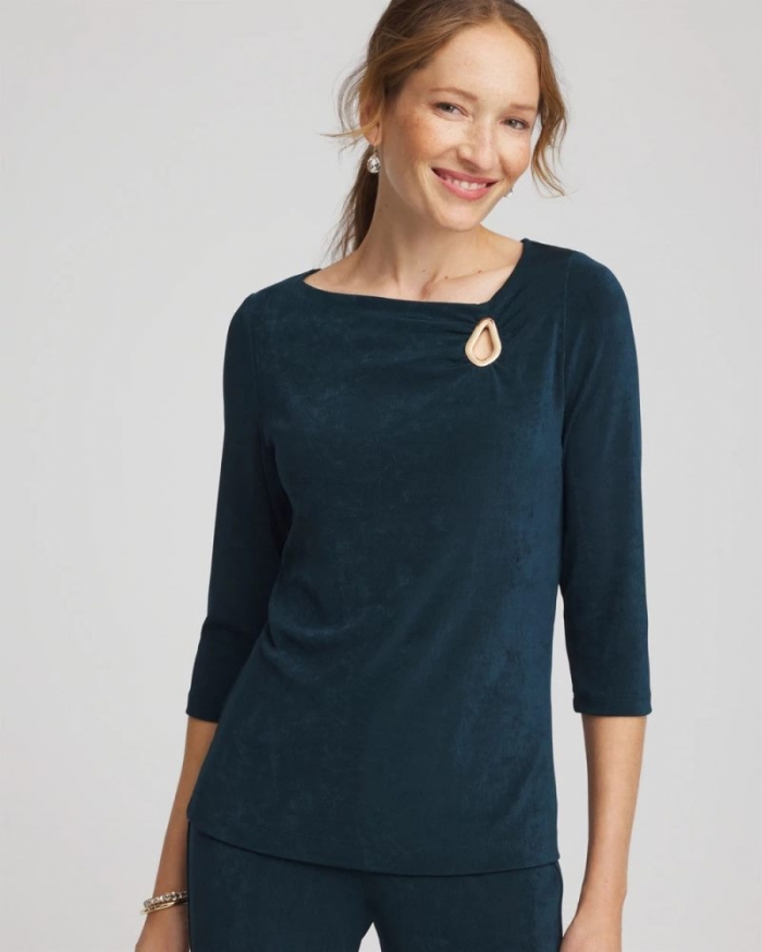 Chicos Travelers™ Asymmetrical 3/4 Sleeve Top - TEAL SHADOW