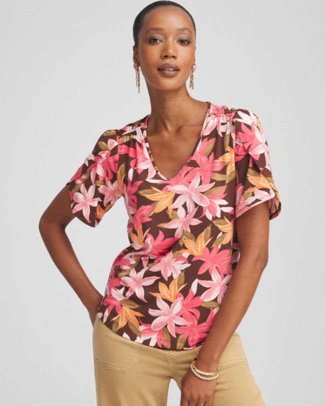 Chicos Floral Petal-Sleeve Voop Neck Tee - CACAO