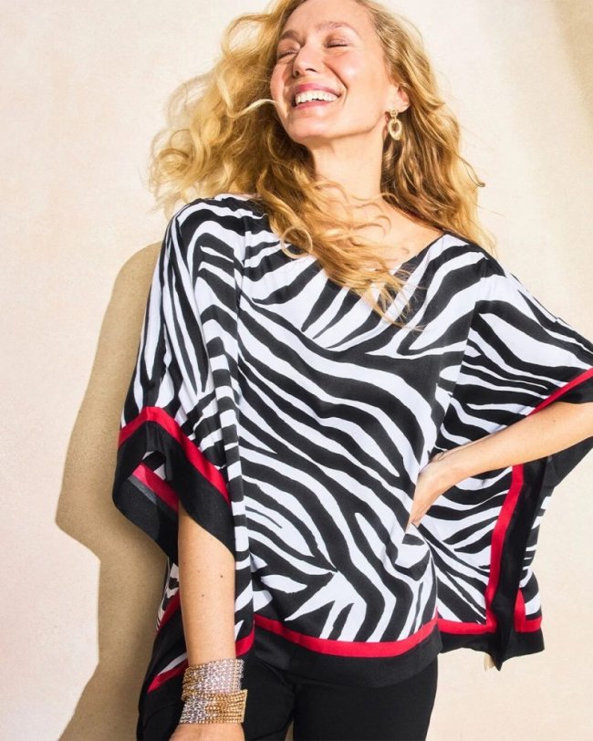 Chicos Woven Animal Print Poncho - BLACK