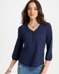 Chicos Puff Sleeve Cotton Slub Henley Tee - PASSPORT BLUE