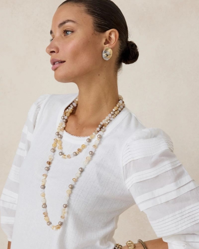 Chicos Pintuck Puff Sleeve Tee - ALABASTER