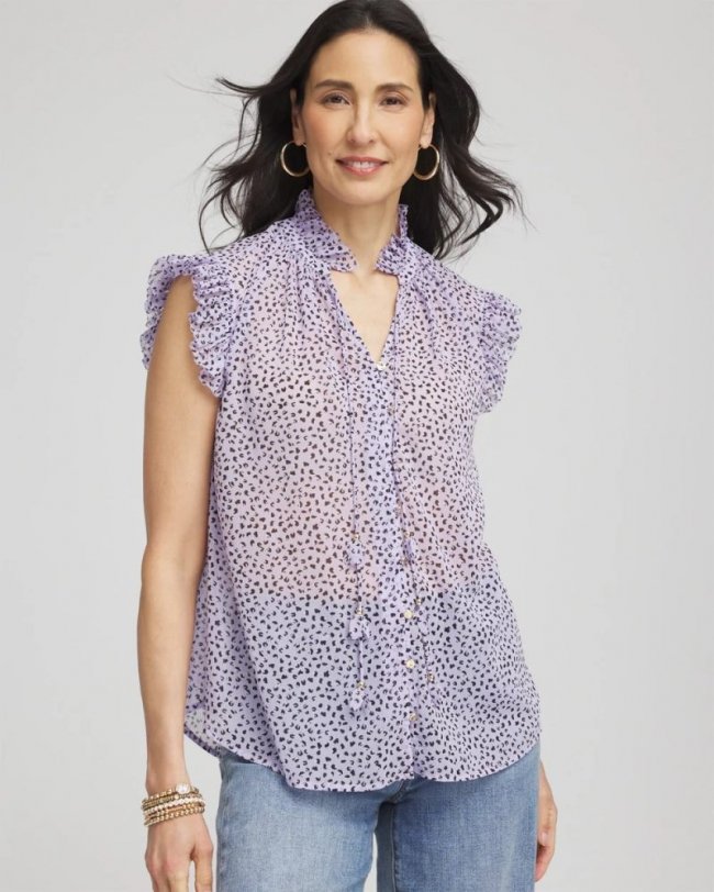 Chicos Cheetah Print Ruffle-Collar Blouse - VIOLET AURA
