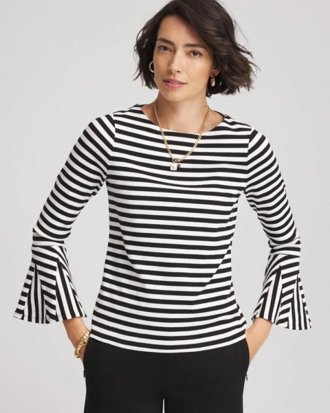 Chicos Ribbed Godet Flutter-Sleeve Top - BLACK