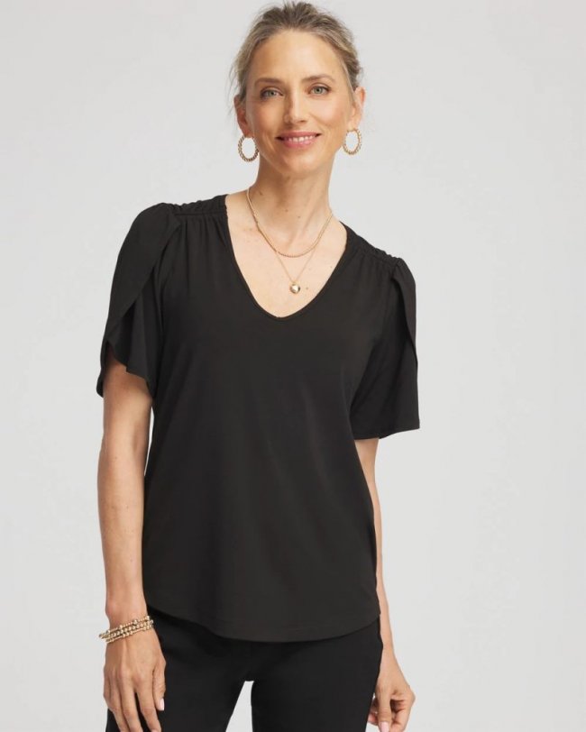 Chicos Petal-Sleeve Voop Neck Tee - BLACK