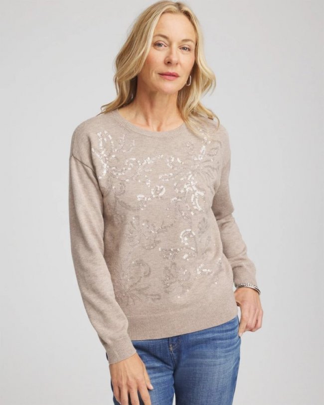 Chicos Floral Sequined Pullover - SMOKEY TAUPE Chicos Floral Sequined Pullover - SMOKEY TAUPE