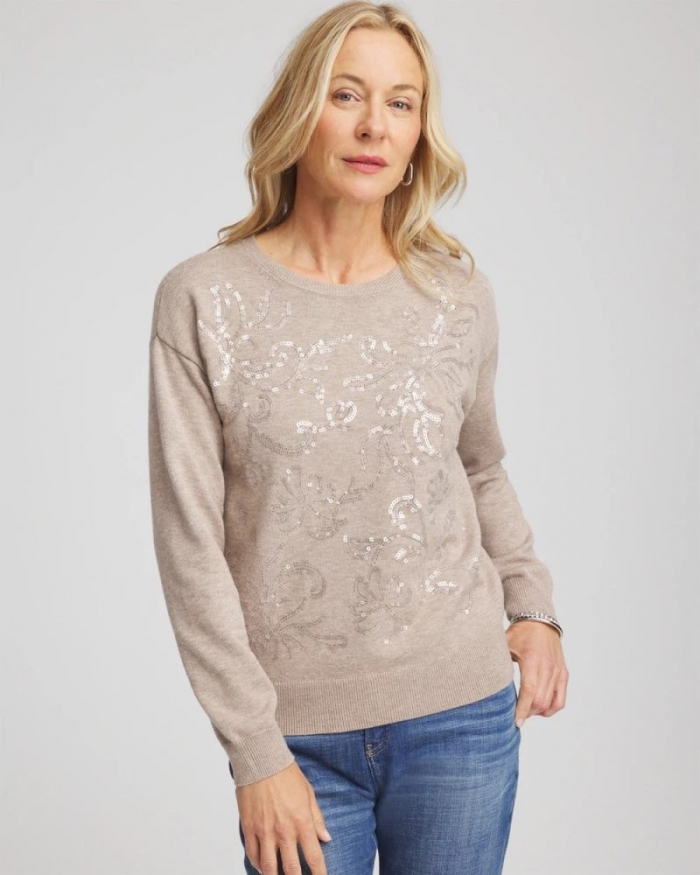Chicos Floral Sequined Pullover - SMOKEY TAUPE