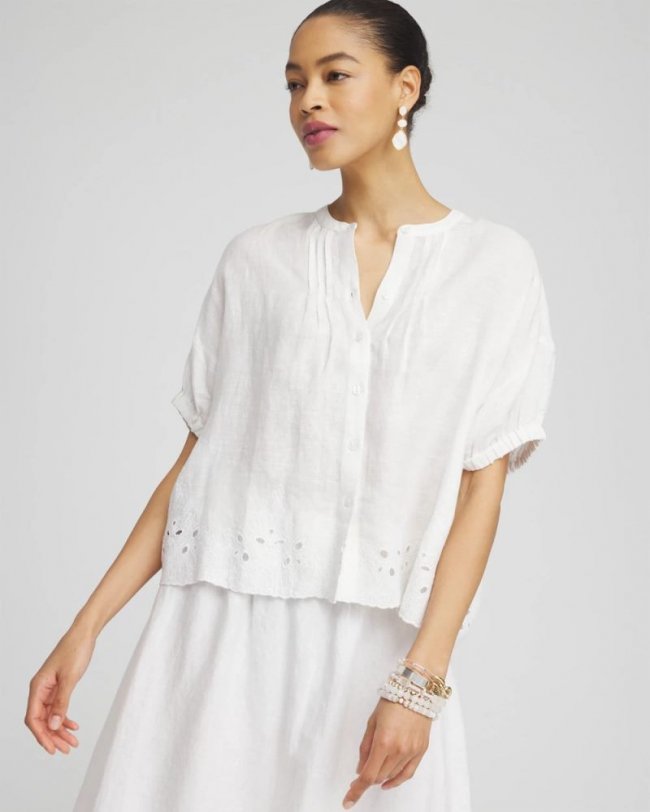 Chicos Pintuck Dolman Sleeve Linen Shirt - ALABASTER