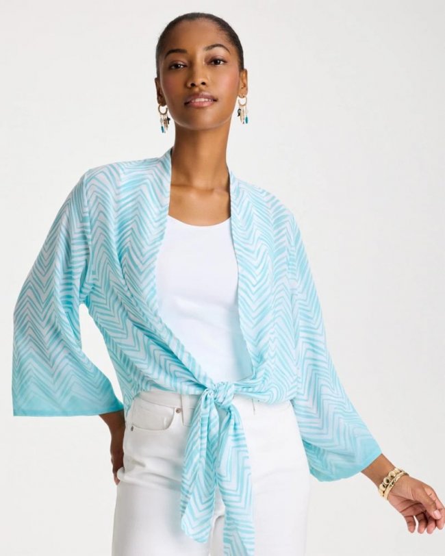 Chicos Georgette Tie-Front Chevron Kimono - BONDI BLUE
