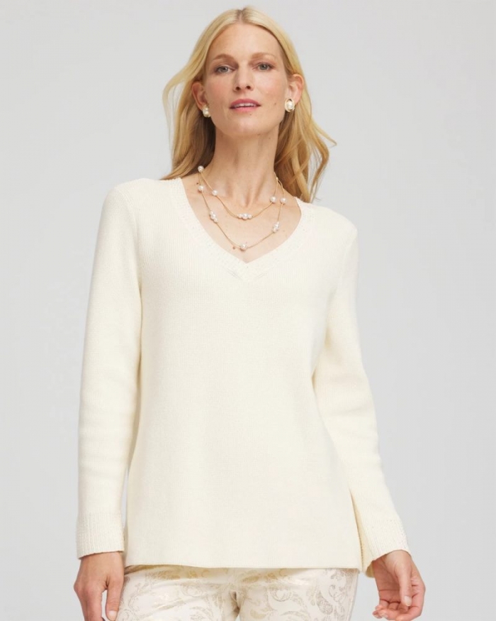 Chicos Embellished V-Neck Pullover Sweater - ENGLISH CREAM