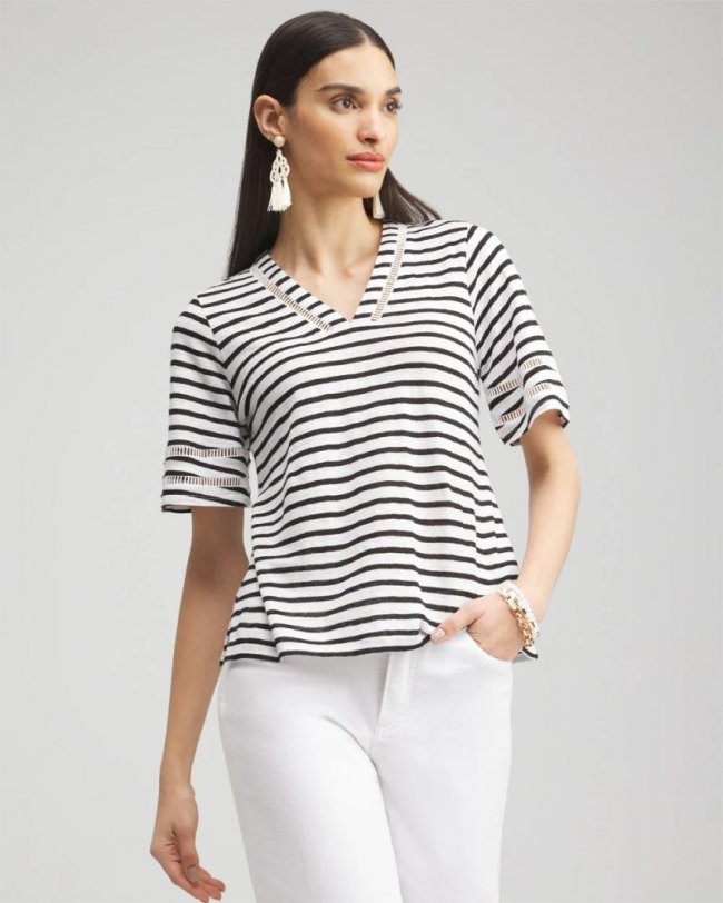 Chicos Linen Stripe Ladder Lace Tee - ALABASTER