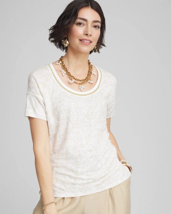 Chicos Printed Sweater Trim Linen Tee - RIVER ROCK