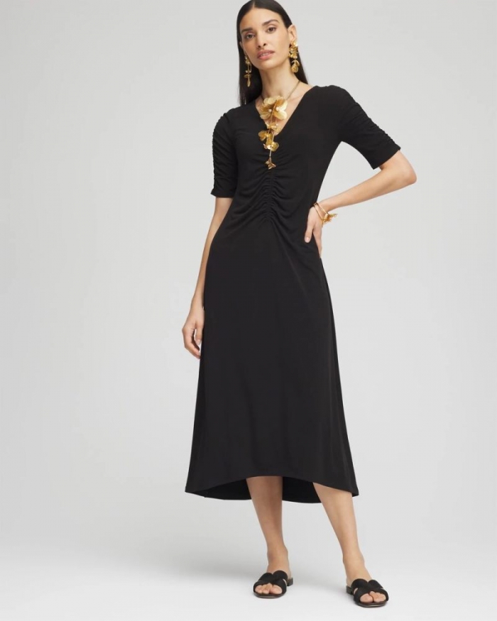 Chicos Ruched Jersey Midi Dress - BLACK
