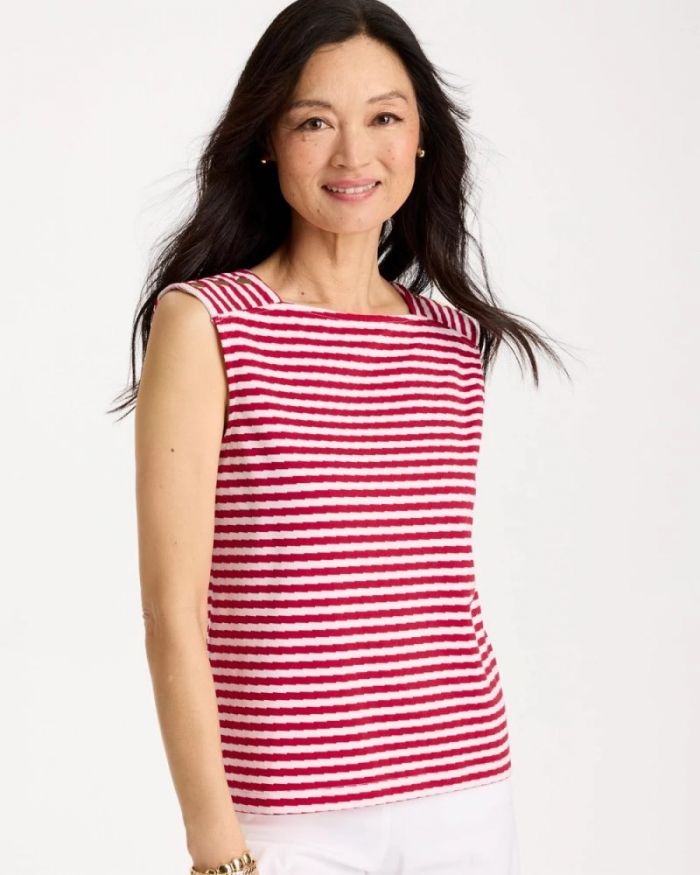 Chicos Cotton Striped Button Tee - CHERRY LUSH