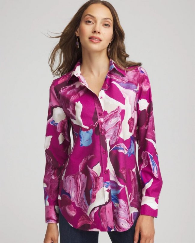 Chicos No Iron Floral-Paint-Print Shirt - COBALT STONE