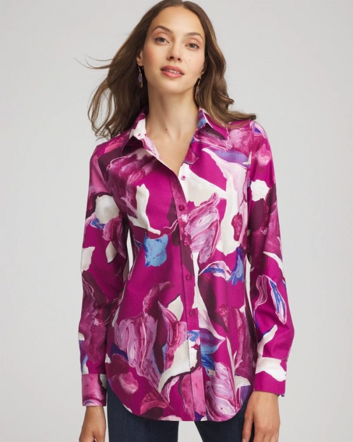 Chicos No Iron Floral-Paint-Print Shirt - COBALT STONE