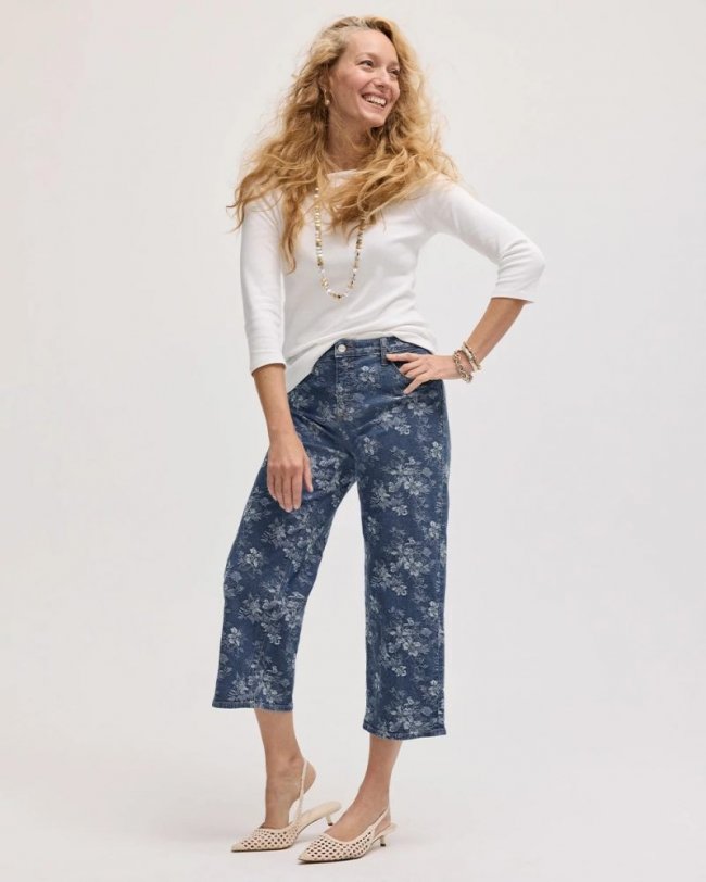 Chicos Girlfriend Wide Floral Crop Jean - INDIGO