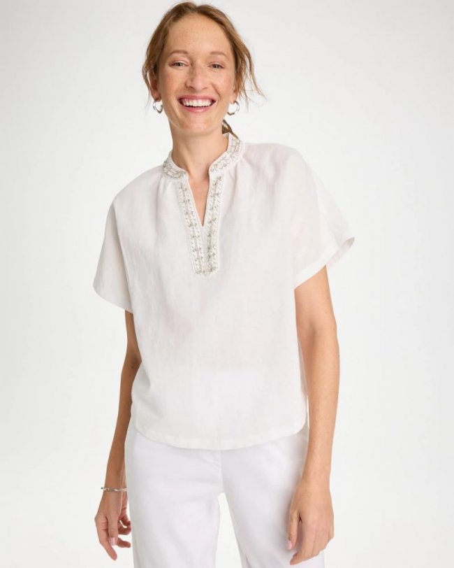 Chicos Linen Embellished Popover Top - ALABASTER