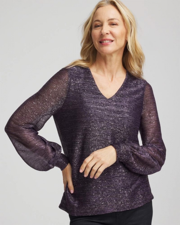 Chicos Foiled Bodre Top - PURPLE ELIXIR