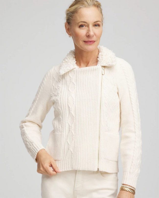 Chicos Fur Trim Moto Cardigan - ENGLISH CREAM Chicos Fur Trim Moto Cardigan - ENGLISH CREAM