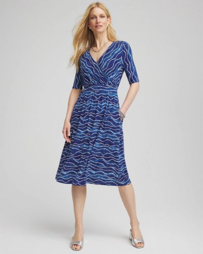 Chicos Ocean Print Surplice Neckline Dress - BLUE CASA