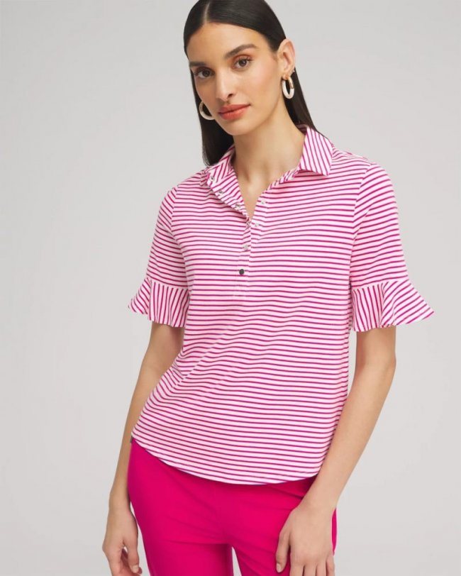 Chicos Zenergy® UPF Knit Stripe Ruffle Polo - MAGENTA ROSE