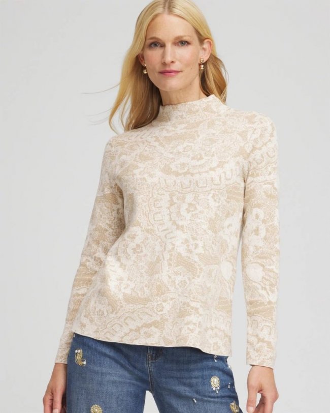 Chicos Ella Jacquard Mockneck Sweater - ENGLISH CREAM