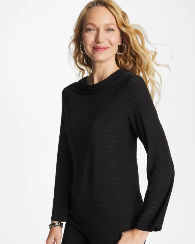 Chicos Textured Long Sleeve Cowlneck Tee - BLACK