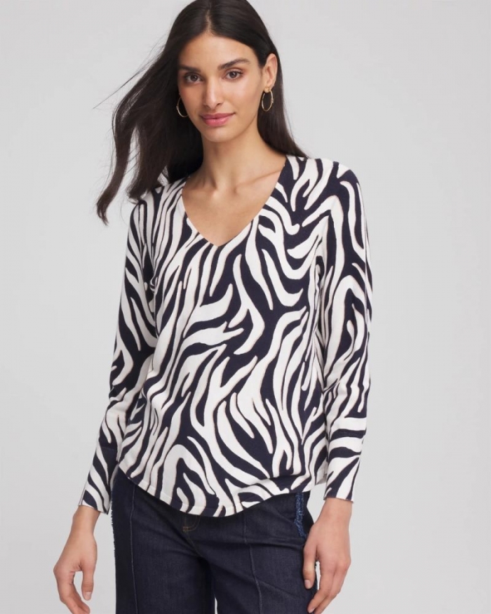 Chicos Ella Zebra V-Neck Pullover Sweater - PASSPORT BLUE