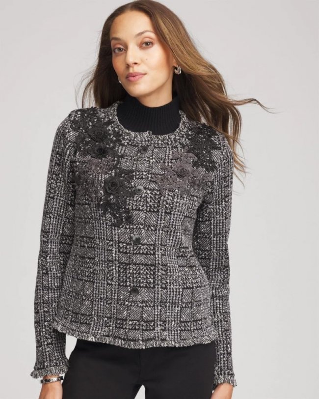 Chicos Embroidered Metallic Tweed Cardigan - GRAY