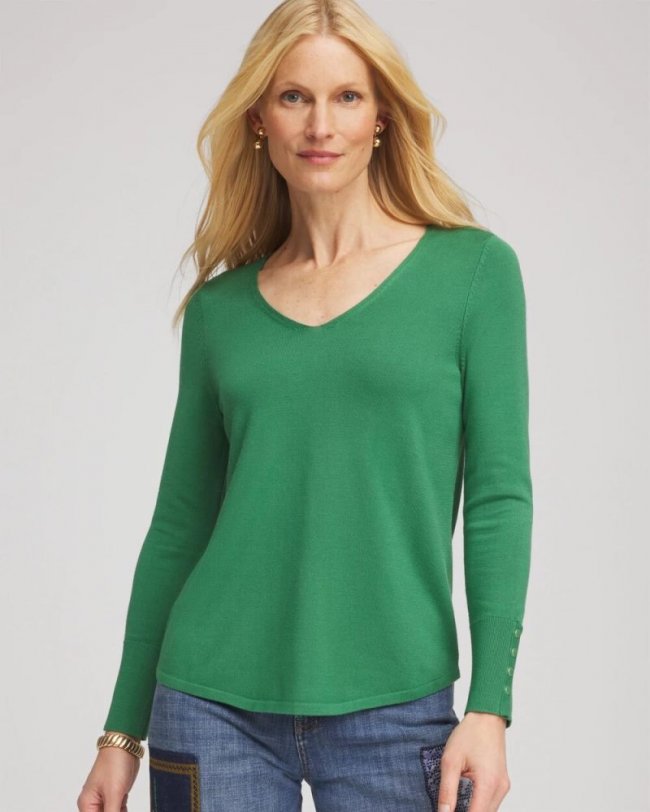 Chicos Ella V-Neck Pullover Sweater - JARDIN GREEN