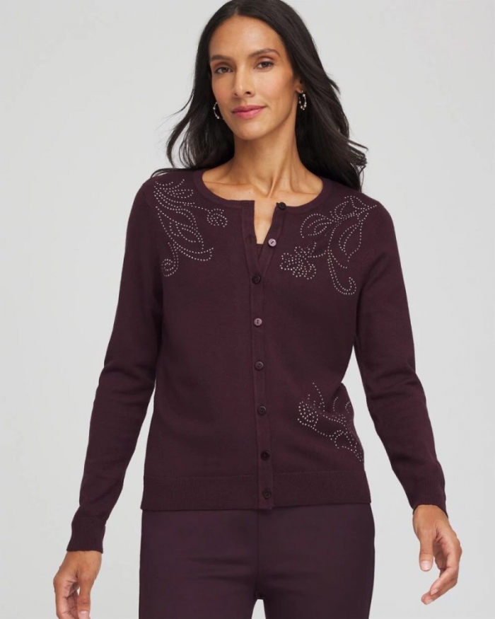 Chicos Embellished Crewneck Cardigan - NIGHT BLOOM