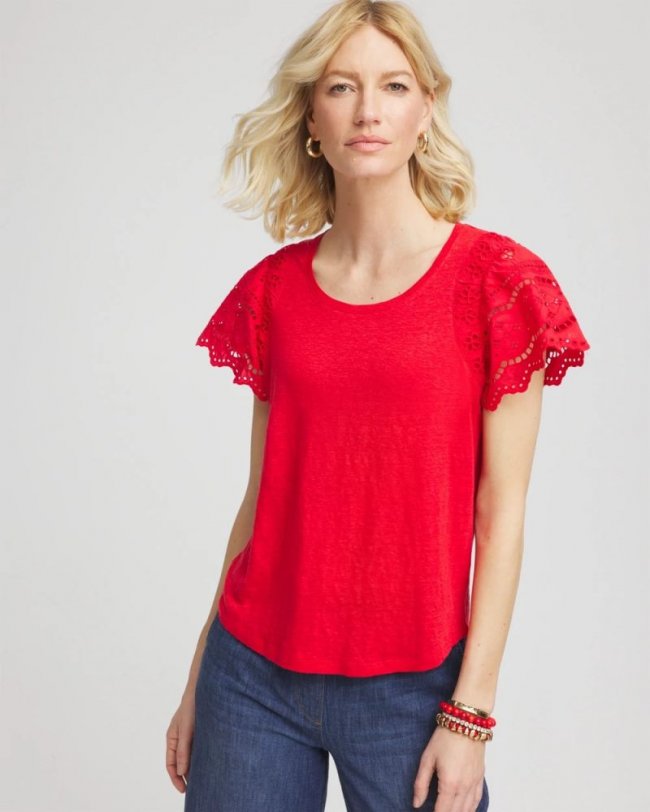 Chicos Linen Embroidered Lace Tee - RED GLOW