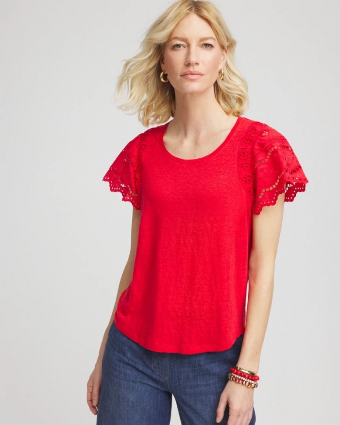 Chicos Linen Embroidered Lace Tee - RED GLOW