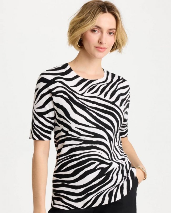 Chicos Ella Zebra Crewneck Pullover Sweater - BLACK