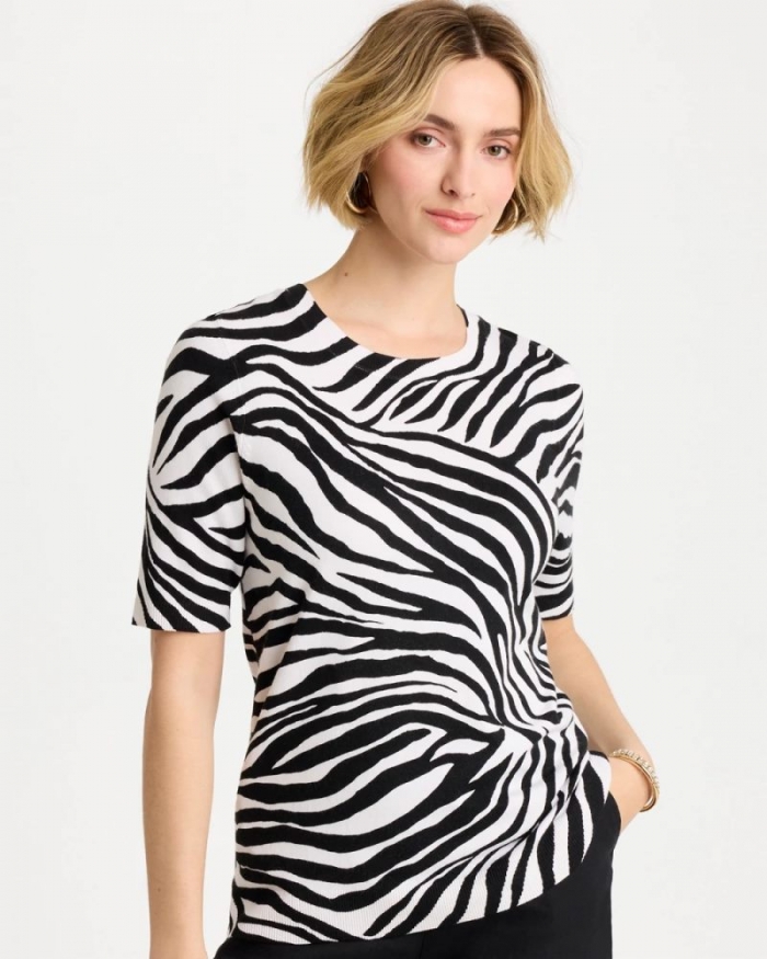 Chicos Ella Zebra Crewneck Pullover Sweater - BLACK
