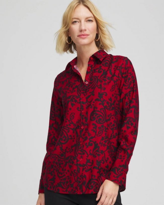 Chicos No Iron Vinstra Scrolls Shirt - CARMINE RED