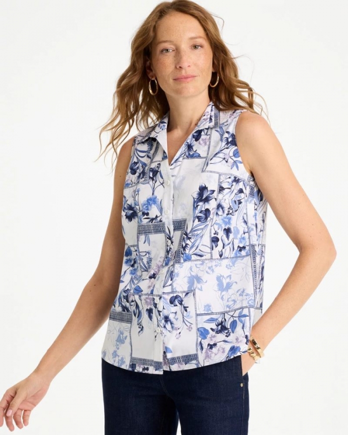 Chicos Cotton-Blend Classic Printed Sleeveless Shirt - AMPARO BLUE