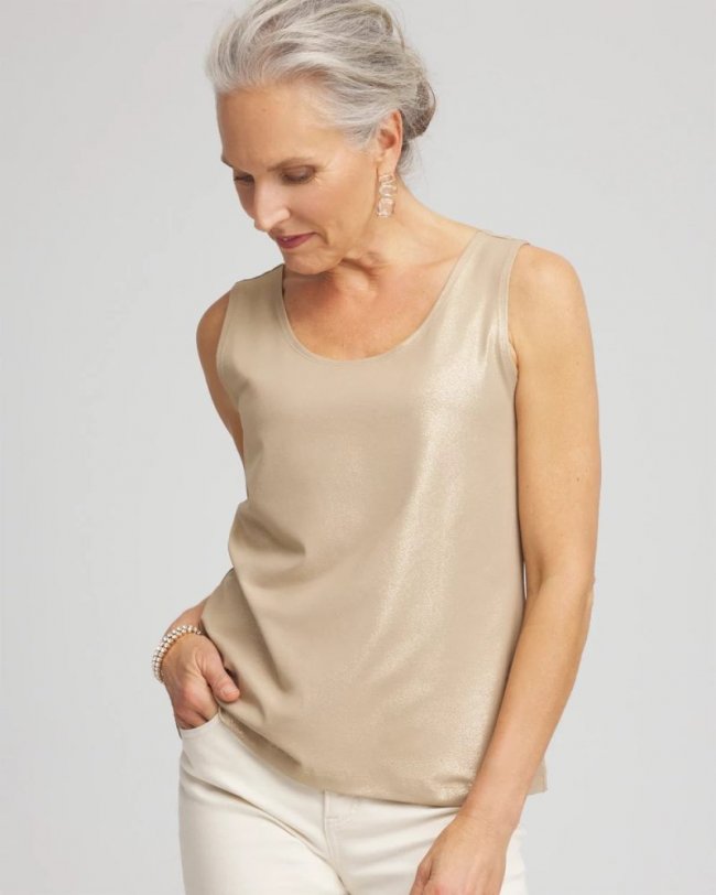 Chicos Foiled Microfiber Tank - CHAMPAGNE