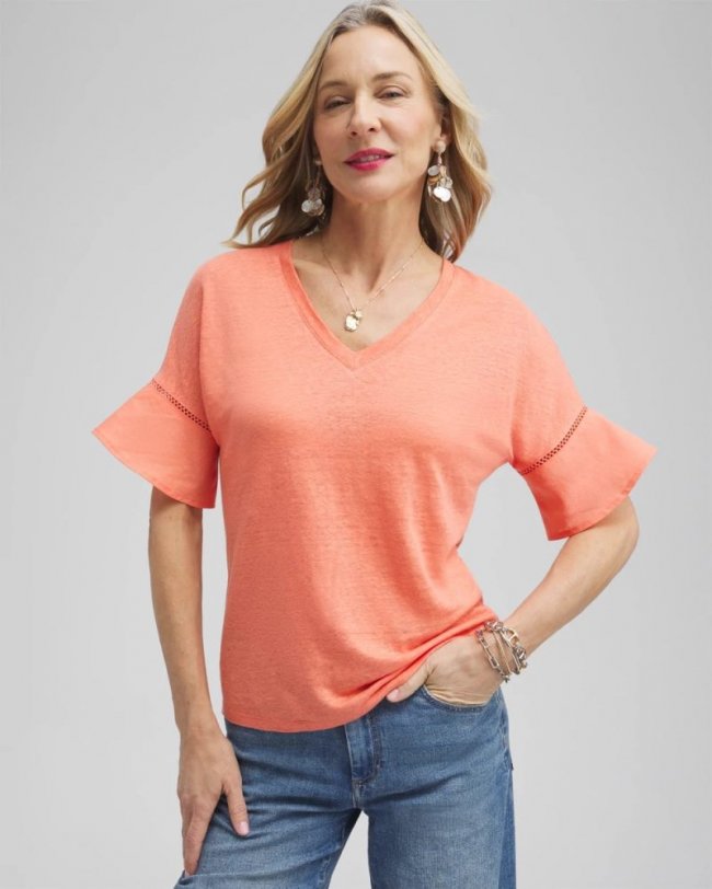 Chicos Linen Blend Flutter Sleeve Top - NECTARINE