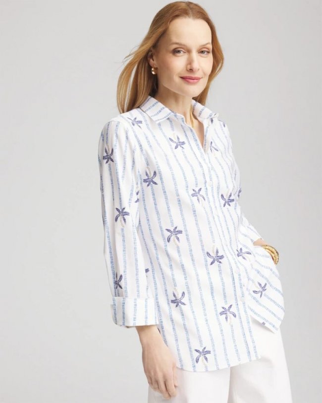 Chicos No Iron Palm Striped Sateen Shirt - BLUE CASA